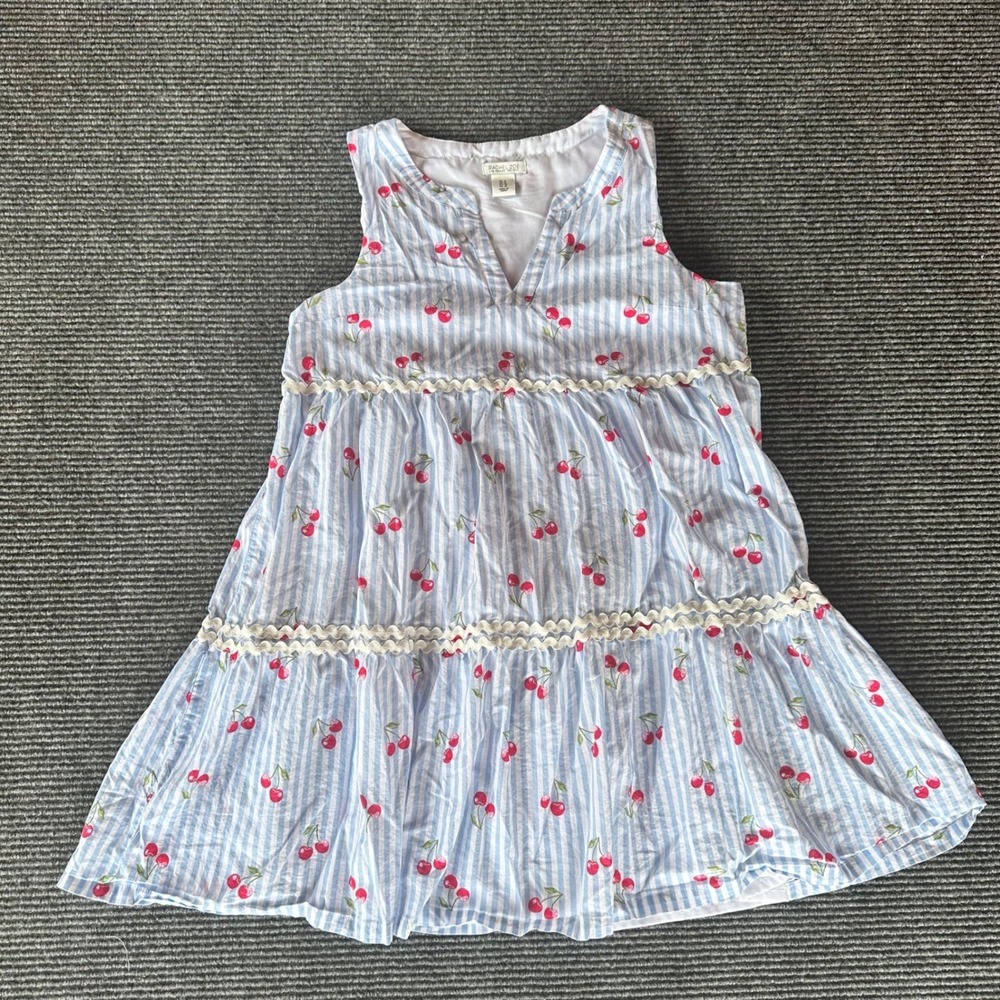 Rachel Zoe Blue White Striped Cherry Print Ric Rac Tiered Mini Dress Size 6